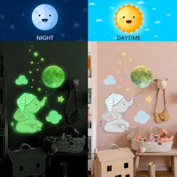 Adesivo de parede luminoso - bebê elefante / lua / balões - papel de parede do quarto das crianças