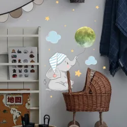 Sticker mural lumineux - bébé éléphant / lune / ballons - papier peint chambre enfant