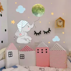 Świecąca naklejka ścienna - słoniątko / księżyc / balony - tapeta do pokoju dziecięcegoNaklejki Ścienne