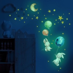 Adesivo de parede luminoso - papel de parede do quarto das crianças - coelho / lua / balões / estrelas