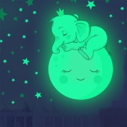 Adesivo de parede luminoso - papel de parede do quarto das crianças - elefante bebê dormindo / lua / estrelas