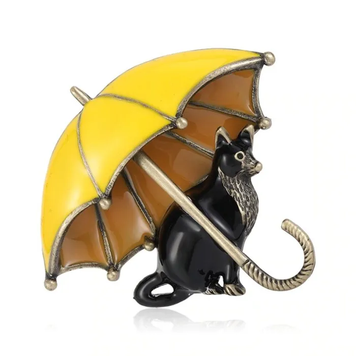 Gato com guarda-chuva - broche de esmalte