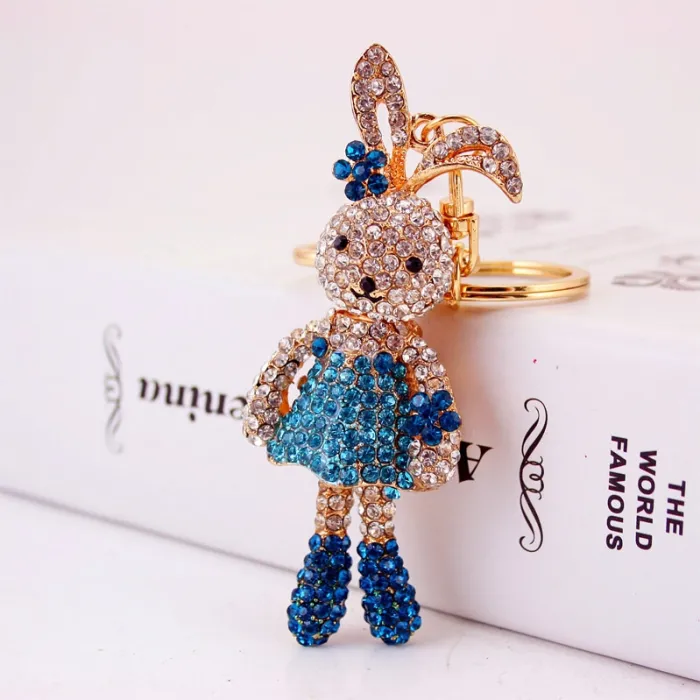 Lapin à longues oreilles en cristal / fleurs - porte-clés