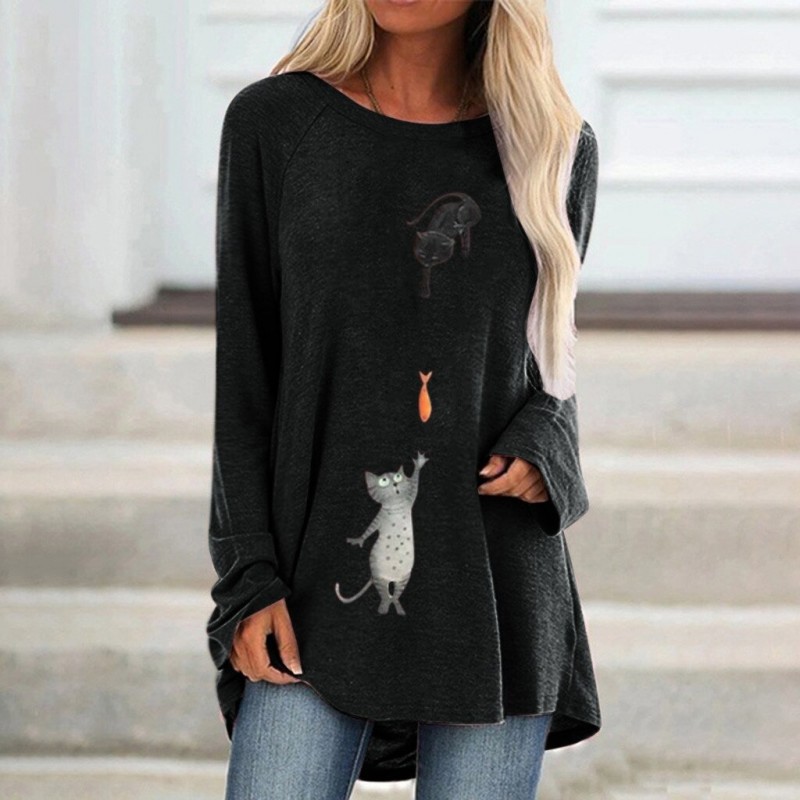Koszulka z długim rękawem - długi pulower - nadruk dwa koty / rybkaBluzki & Koszulki