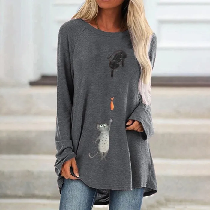 Long sleeve t-shirt - long pullover - two cats / fish printBlouses & shirts