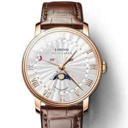 LOBINNI - luxe quartz horloge - maanstand - waterdicht - lederen band - wit/bruinHorloges