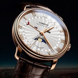 LOBINNI - luksusowy zegarek kwarcowy - faza księżyca - wodoodporny - skórzany pasek - biały / brązowyZegarki