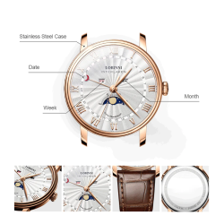 LOBINNI - luksusowy zegarek kwarcowy - faza księżyca - wodoodporny - skórzany pasek - biały / brązowyZegarki