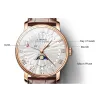 LOBINNI - montre à quartz de luxe - phase de lune - étanche - bracelet en cuir - noir / marron