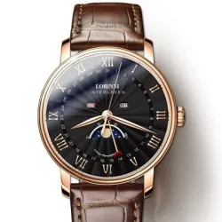 RelojesLOBINNI - reloj de cuarzo de lujo - fase lunar - resistente al agua - correa de cuero - negro / marrón