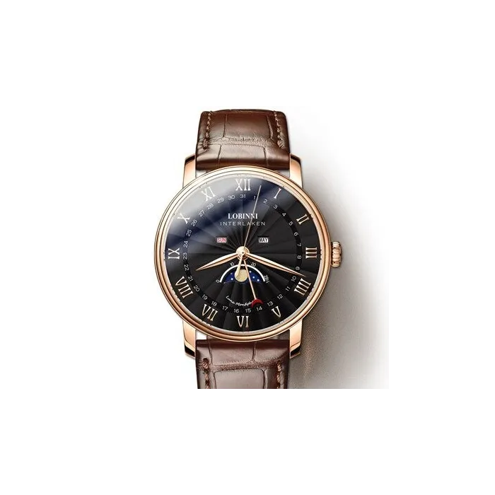 LOBINNI - luxury Quartz watch - moon phase - waterproof - leather strap - black / brownWatches