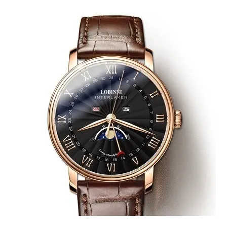 LOBINNI - luxury Quartz watch - moon phase - waterproof - leather strap - black / brownWatches