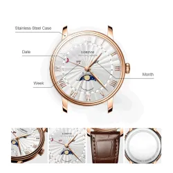 LOBINNI - luxury Quartz watch - moon phase - waterproof - leather strap - black / whiteWatches
