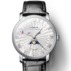 RelojesLOBINNI - reloj de cuarzo de lujo - fase lunar - resistente al agua - correa de cuero - negro / blanco