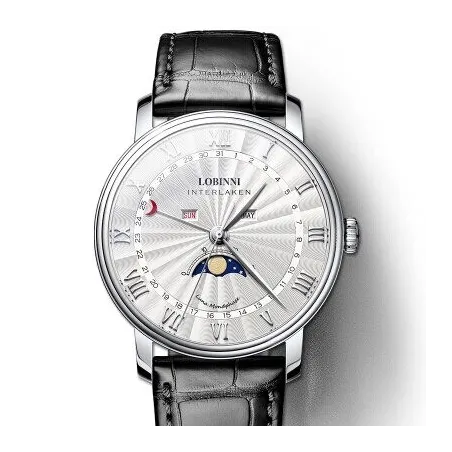 LOBINNI - montre à quartz de luxe - phase de lune - étanche - bracelet en cuir - noir / blanc