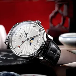 LOBINNI - montre à quartz de luxe - phase de lune - étanche - bracelet en cuir - noir / blanc