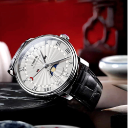 LOBINNI - orologio al quarzo di lusso - fasi lunari - impermeabile - cinturino in pelle - nero/bianco