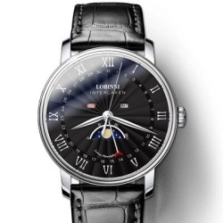 LOBINNI - luksusowy zegarek kwarcowy - faza księżyca - wodoodporny - skórzany pasek - czarnyZegarki