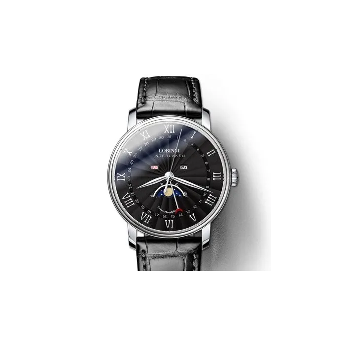LOBINNI - montre à quartz de luxe - phase de lune - étanche - bracelet cuir - noir