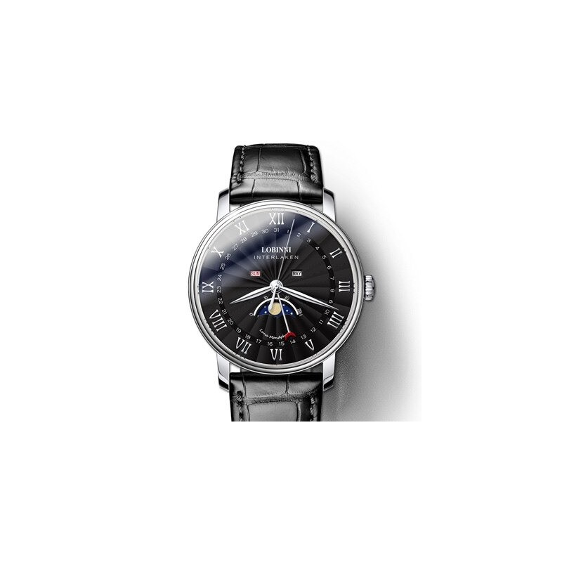LOBINNI - relógio de quartzo de luxo - fases da lua - à prova d'água - pulseira de couro - preto