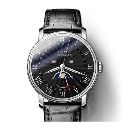 LOBINNI - montre à quartz de luxe - phase de lune - étanche - bracelet cuir - noir