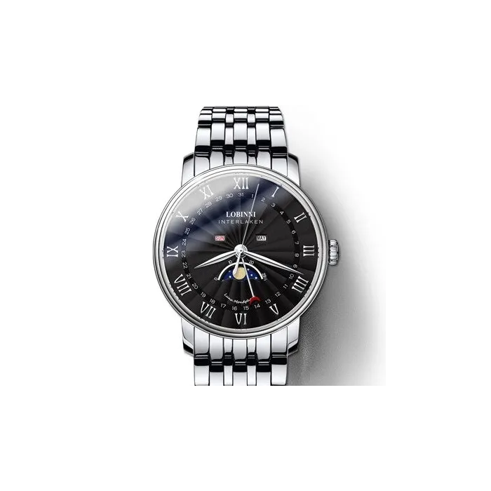 LOBINNI - luksuriøs Quartz-klokke - månefase - vanntett - rustfritt stål - sølv / svart