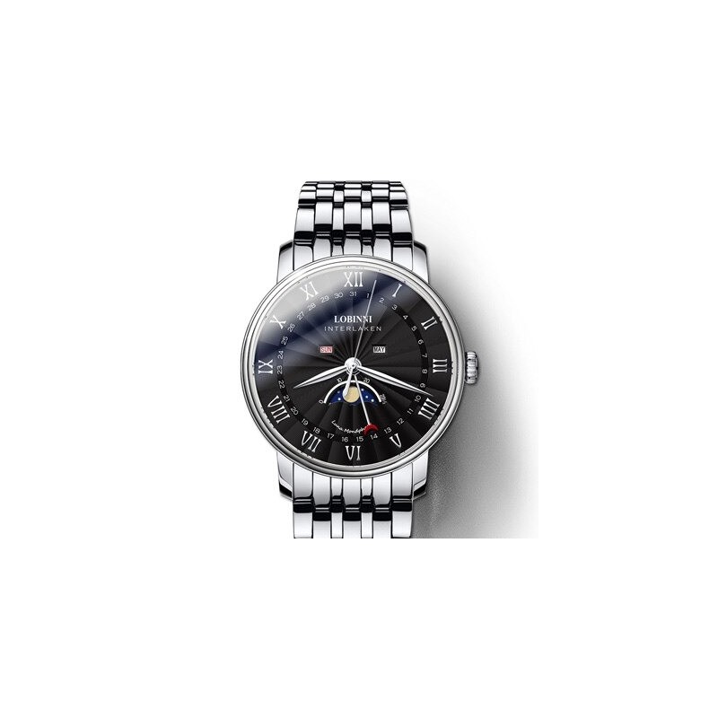 LOBINNI - luxe Quartz horloge - maanstand - waterdicht - edelstaal - zilver/zwartHorloges
