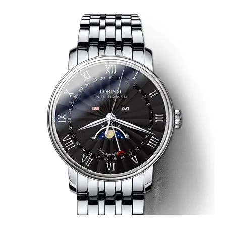 LOBINNI - montre à quartz de luxe - phase de lune - étanche - acier inoxydable - argent / noir