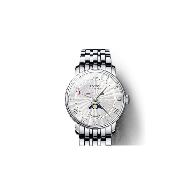 LOBINNI - luksusowy zegarek kwarcowy - faza księżyca - wodoodporny - stal nierdzewna - srebrny / białyZegarki