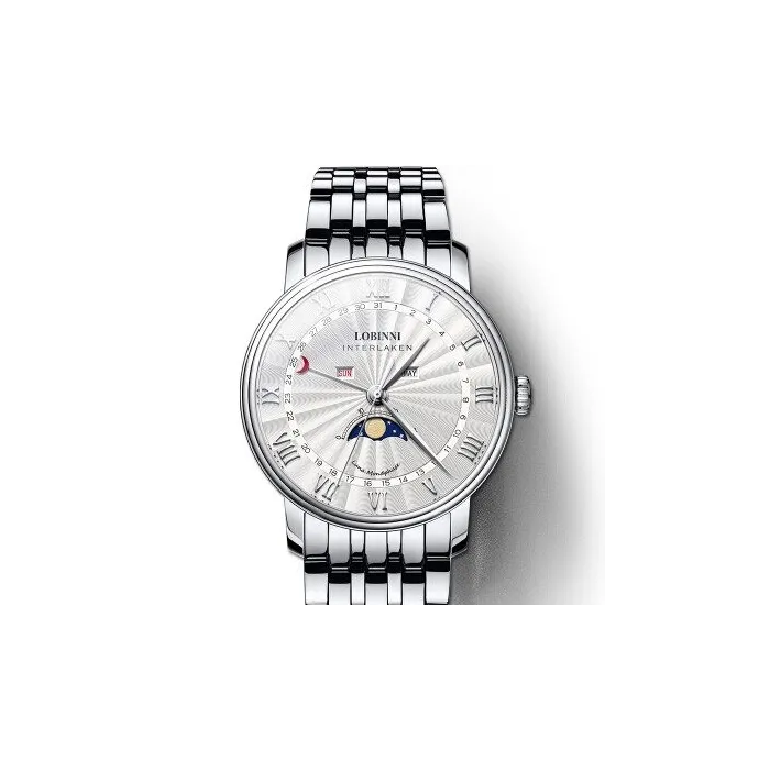 LOBINNI - montre à quartz de luxe - phase de lune - étanche - acier inoxydable - argent / blanc