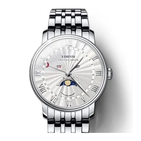 LOBINNI - montre à quartz de luxe - phase de lune - étanche - acier inoxydable - argent / blanc