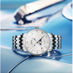 LOBINNI - luksusowy zegarek kwarcowy - faza księżyca - wodoodporny - stal nierdzewna - srebrny / białyZegarki