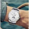 LOBINNI - montre à quartz de luxe - phase de lune - étanche - acier inoxydable - argent / blanc