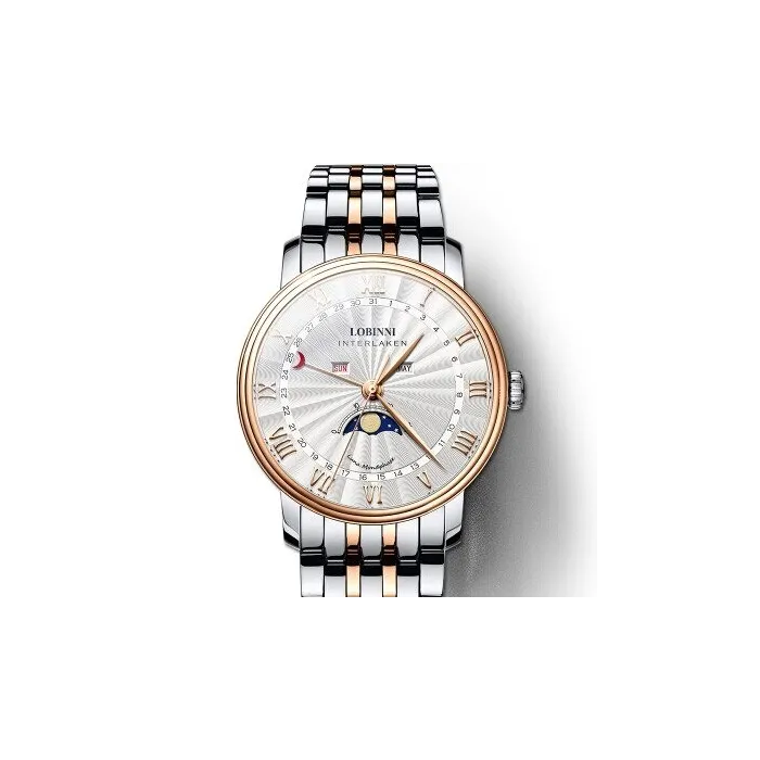 LOBINNI - montre à quartz de luxe - phase de lune - étanche - acier inoxydable - or / blanc