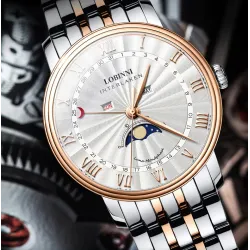 LOBINNI - luxe Quartz horloge - maanstand - waterdicht - edelstaal - goud/witHorloges