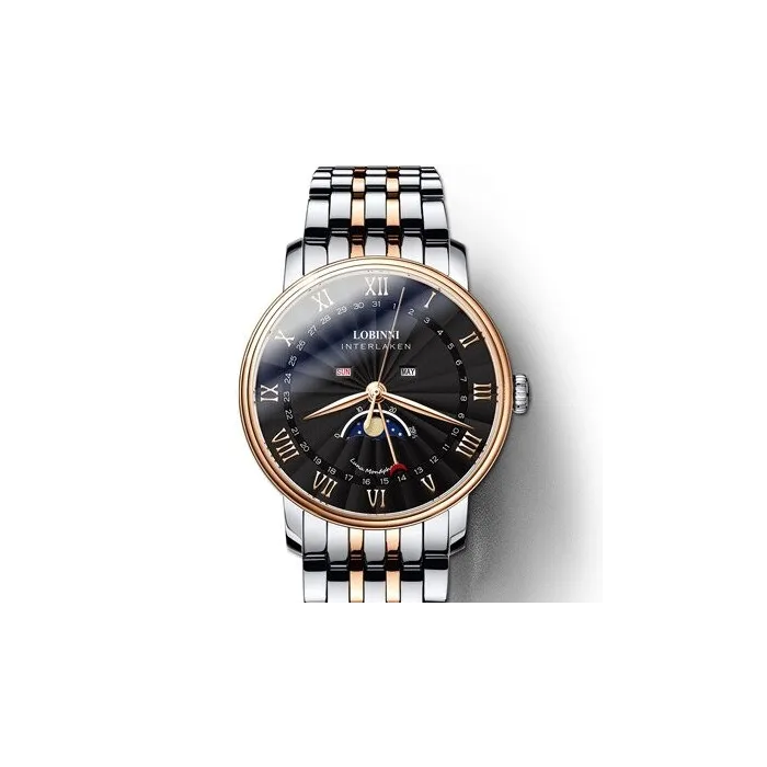 LOBINNI - montre à quartz de luxe - phase de lune - étanche - acier inoxydable - or / noir
