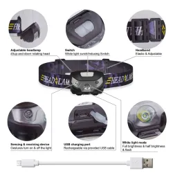 Mini rechargeable flashlight - headband lamp - motion sensor - USB - LED - 3000LMTorches