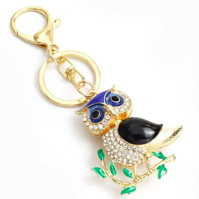 Hibou cristal doré - feuilles vertes - porte-clés
