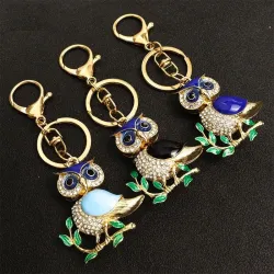 Hibou cristal doré - feuilles vertes - porte-clés