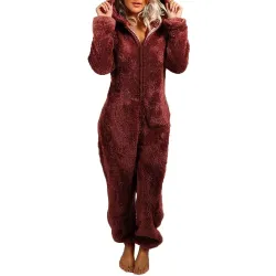 Langer Winterpyjama - Plüsch Strampler - mit Reißverschluss / Kapuze
