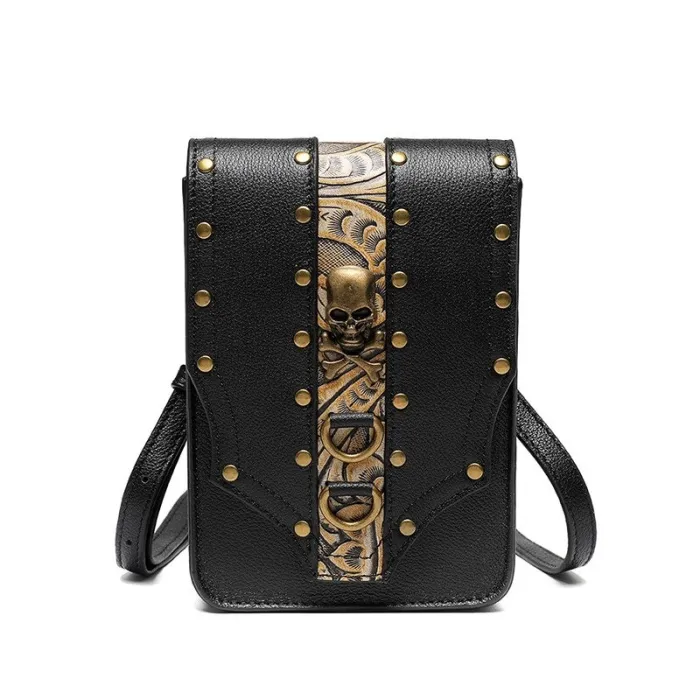 Petit sac bandoulière en cuir - style punk - tête de mort / rivets