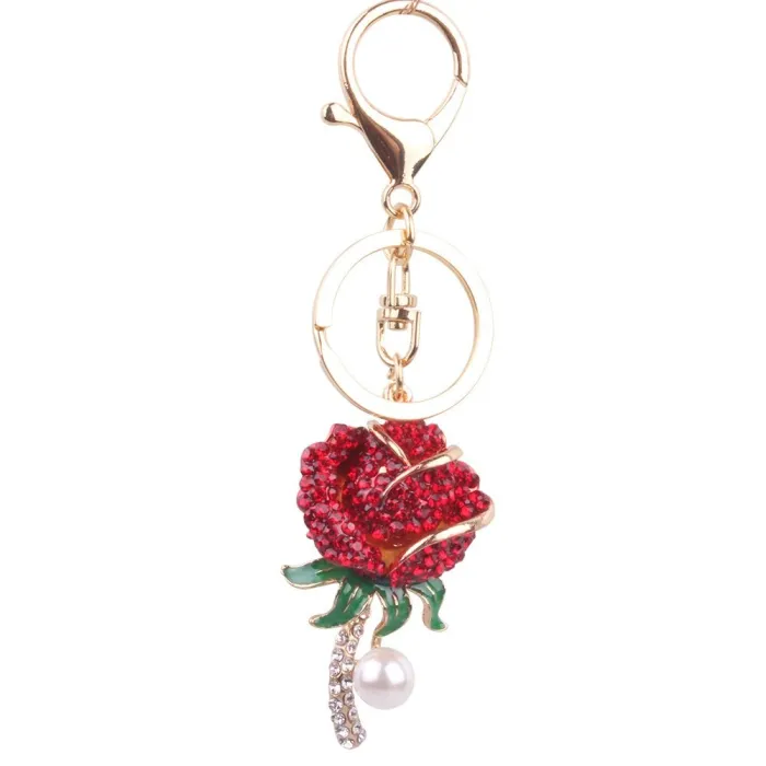 Rosa de cristal com pérola - chaveiro