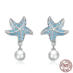 Boucles d'oreilles étoile de mer avec zircon bleu - avec perle - argent sterling 925