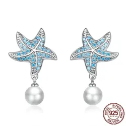 Seestern-Ohrringe mit blauen Zirkonen - mit Perle - 925er Sterlingsilber