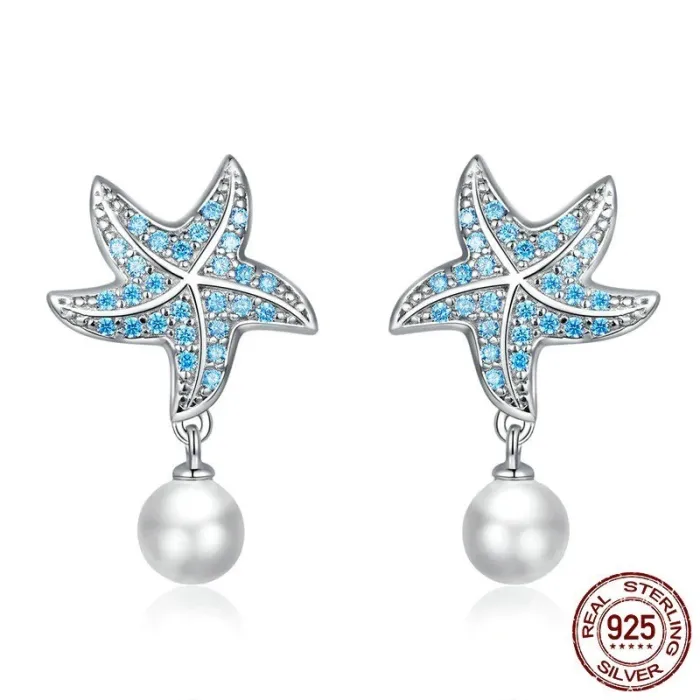 Boucles d'oreilles étoile de mer avec zircon bleu - avec perle - argent sterling 925