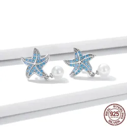 Blå zirkon sjøstjerne øredobber - med perle - 925 sterling sølv