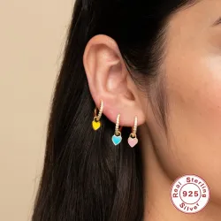 Boucles d'oreilles rondes en argent avec cristaux / coeur suspendu - argent sterling 925