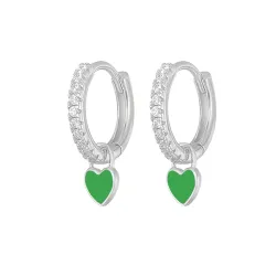 Boucles d'oreilles rondes en argent avec cristaux / coeur suspendu - argent sterling 925