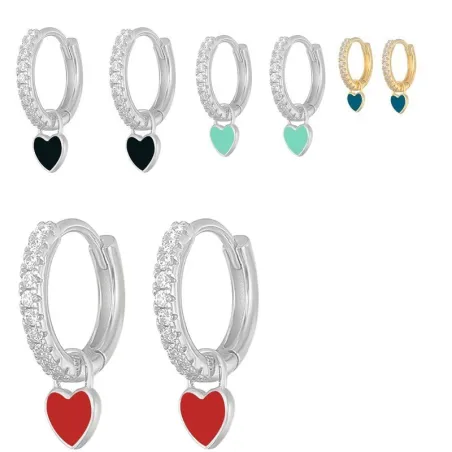Boucles d'oreilles rondes en argent avec cristaux / coeur suspendu - argent sterling 925