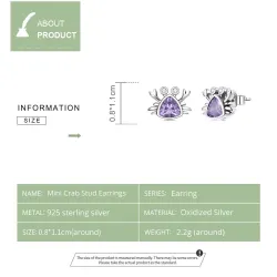 Krabbeformede øredobber - lilla zirkon - 925 sterling sølv